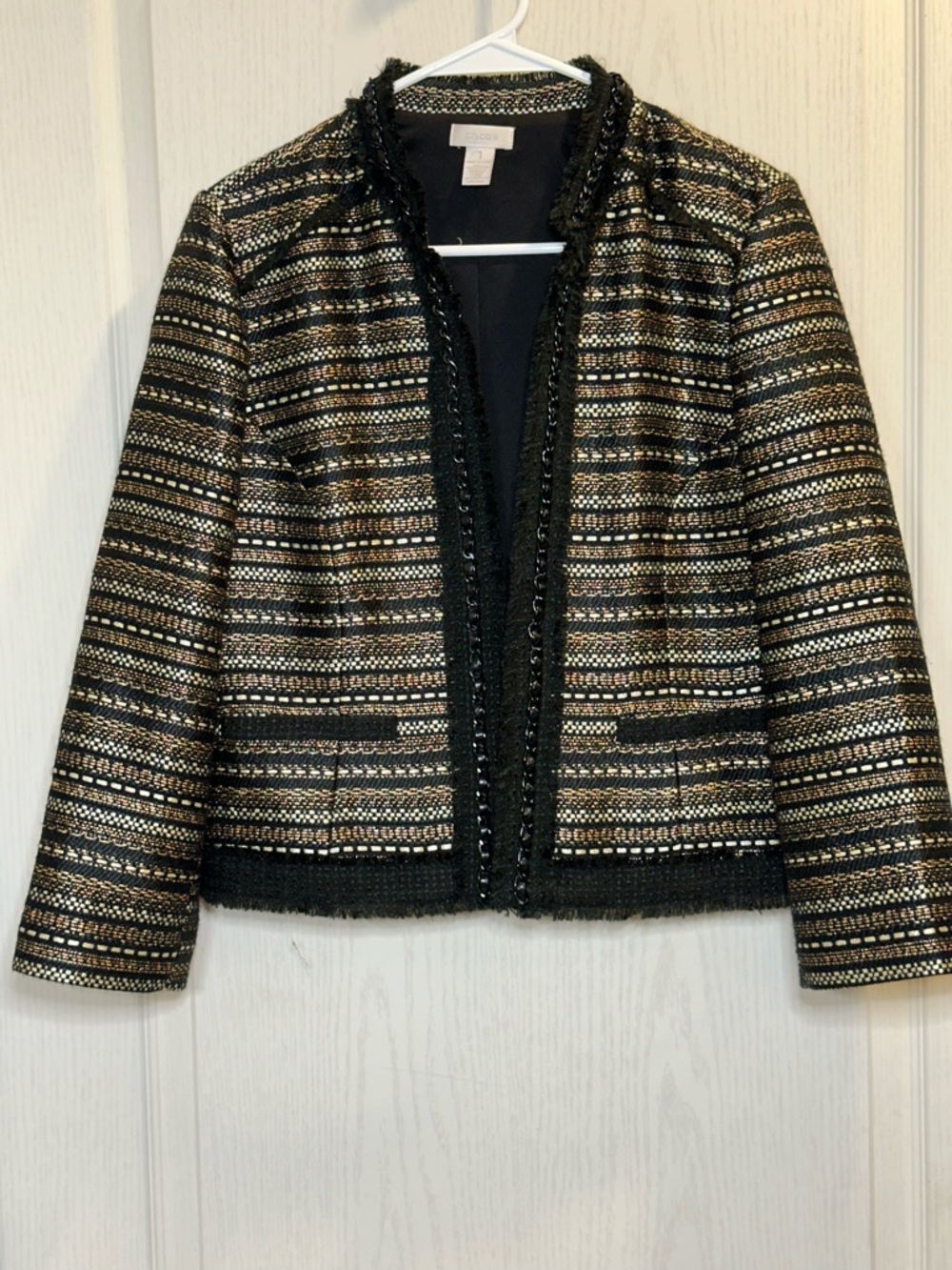 Woven Metallic Stripe Open-Front Jacket - Black & Gold with chain detail